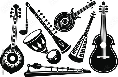Collection of diverse musical instruments in black silhouette style
