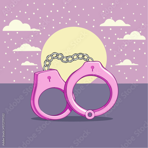 Metal pink handcuffs with chain. Vector clipart for emo, goth, punk design. Arrest, crime concept