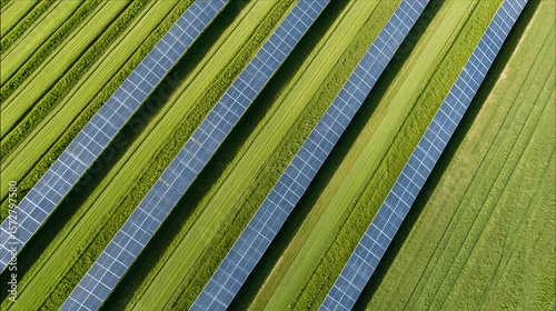 Aerial view of green fields with solar panels, showcasing sustainable energy integration in agriculture for a brighter future.