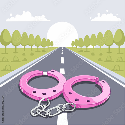 Metal pink handcuffs with chain. Vector clipart for emo, goth, punk design. Arrest, crime concept