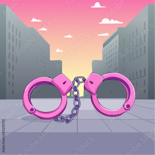Metal pink handcuffs with chain. Vector clipart for emo, goth, punk design. Arrest, crime concept