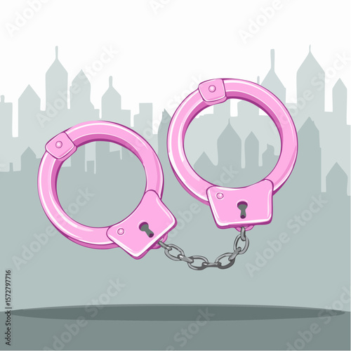 Metal pink handcuffs with chain. Vector clipart for emo, goth, punk design. Arrest, crime concept