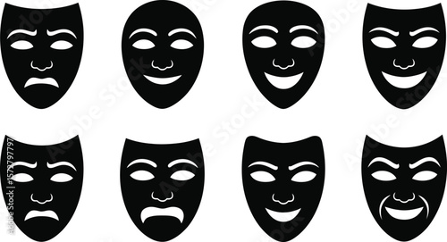 Collection of eight black theater masks displaying various emotions on white background