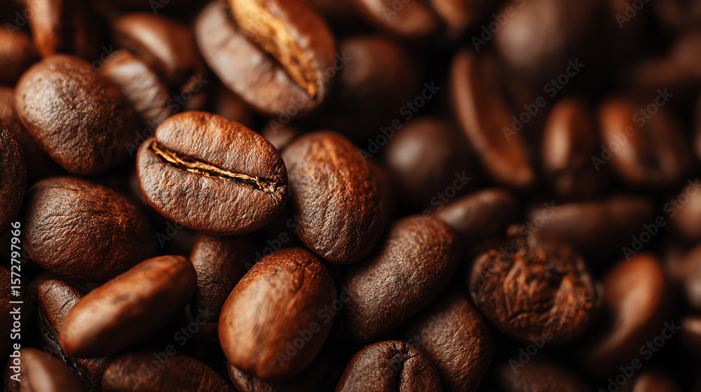 Fototapeta premium Close-up view of rich, dark roasted coffee beans showcasing their texture and color, perfect for beverage and culinary visuals.