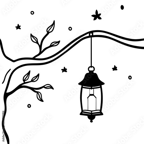 “A glowing lantern hanging from a tree branch in a quiet forest at twilight, fireflies floating around, magical ambiance.”