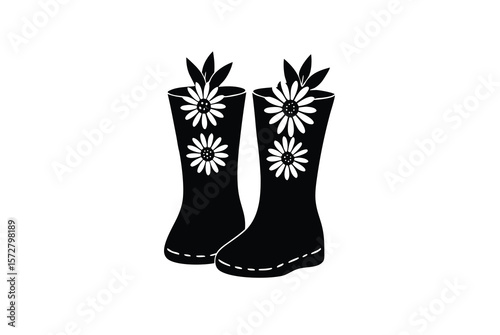 Vintage garden boots with daisies inside rustic timeless decor vector art illustration