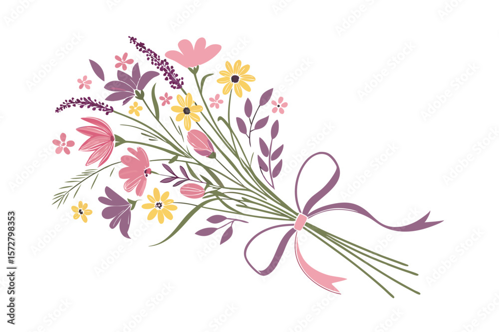 Obraz premium Watercolor wildflower bouquet with ribbon artistic floral blend vector art illustration