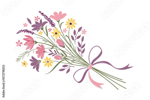 Watercolor wildflower bouquet with ribbon artistic floral blend vector art illustration