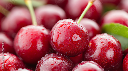 Fresh cherries glistening with water droplets, showcasing their vibrant red color and lush green leaves.