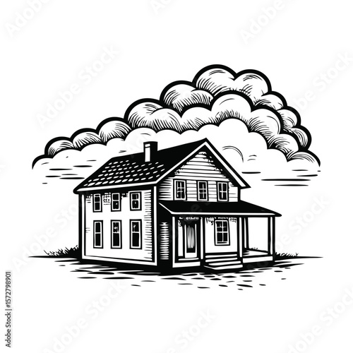 House with clouds passing by, drawn in hand-drawn engraving style, features residential building under cloudy sky. This house with clouds passing by design, in black and white.