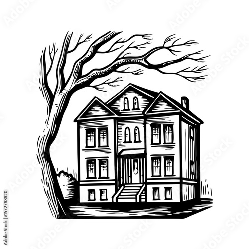 Townhouse with tree branches overhead in monochrome hand-drawn engraving. Engraved house with bare tree branches is featured prominently, creating vintage architectural scene.