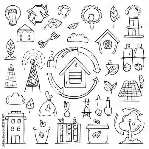 Vector set of simple ecology doodles. Alternative energy, nature protection, water and air pollution, trash recycle, green technology illustrated in child sketch style. Cute outline eco ...