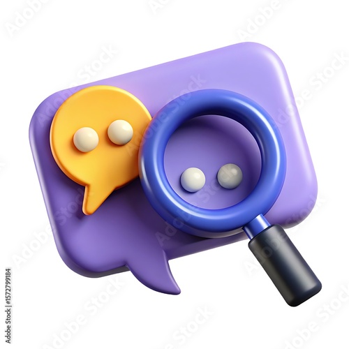 3d icon of a magnifying glass inspecting a chat bubble with dots