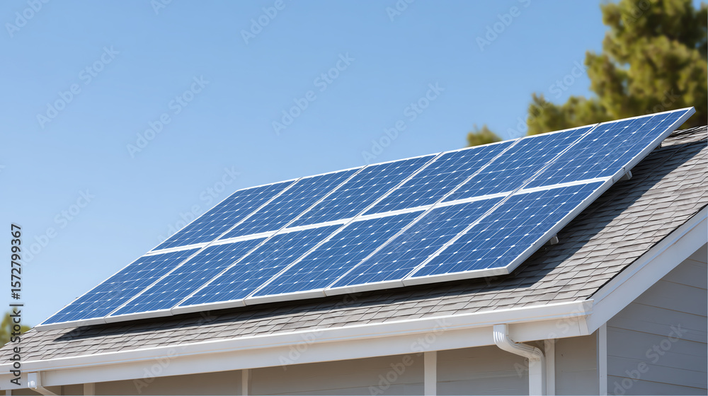 Fototapeta premium Solar panels installed on a residential roof, harnessing renewable energy for sustainable living in an eco-friendly environment.