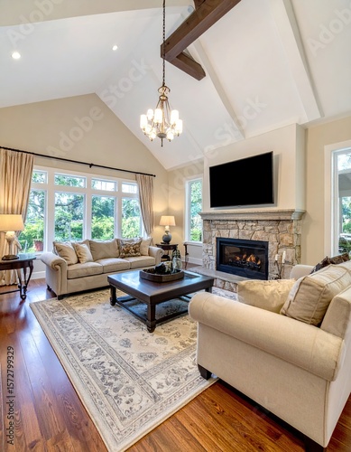 living room in new traditional style luxury home with stone fireplace surround, vaulted ceilings 