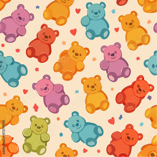 Seamless vector pattern with colorful y2k lollipop bears. 90s 00s cute accessory. Vintage jewellery background. Funky bijouterie texture