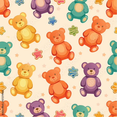 Seamless vector pattern with colorful y2k lollipop bears. 90s 00s cute accessory. Vintage jewellery background. Funky bijouterie texture