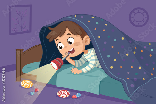 Child secretly eating candy at night, vector art.