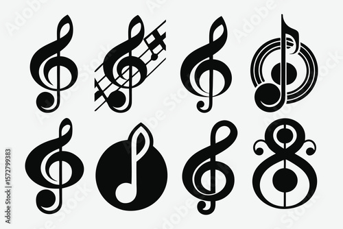 Collection of stylized black musical notes and treble clefs on a white background