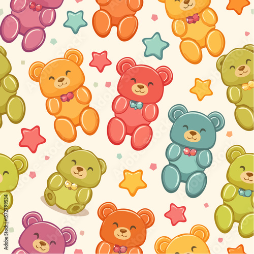 Seamless vector pattern with colorful y2k lollipop bears. 90s 00s cute accessory. Vintage jewellery background. Funky bijouterie texture