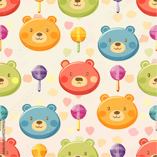 Seamless vector pattern with colorful y2k lollipop bears. 90s 00s cute accessory. Vintage jewellery background. Funky bijouterie texture