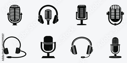 Collection of vintage and modern microphones and headphones icons