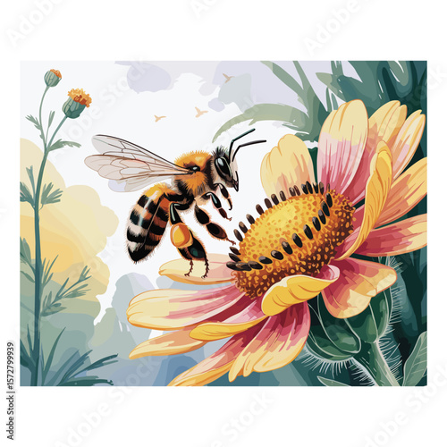 Detailed illustration of a bee collecting nectar from a vibrant yellow and pink flower
