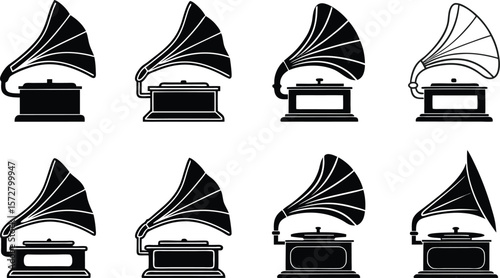 Collection of vintage gramophone icons in black and white silhouette style