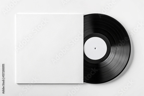 Vinyl record with blank white cover mockup. Front-facing view of classic black vinyl partially inside a plain sleeve, isolated on white background. Ideal for music branding and design.