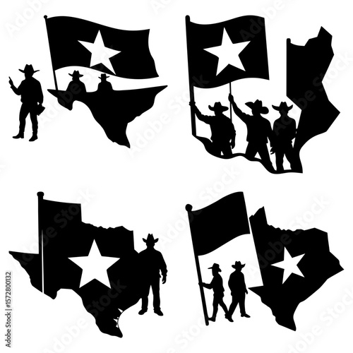 Four texas themed silhouettes featuring cowboys, flags and the state outline in black and white