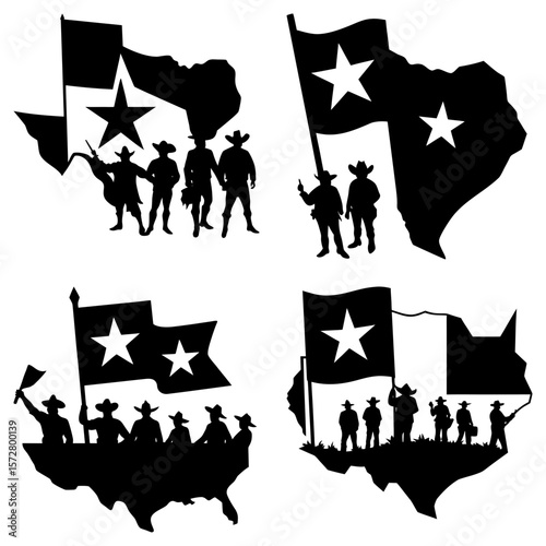 Silhouettes of cowboys with texas flags and state outlines in black and white vector illustration