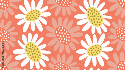 Seamless pattern of daisies with white petals and yellow centers on a coral colored background design