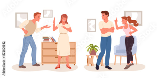 Family fight scenes, aggressive quarrel of husband and wife set. Conflict and stress in relationship, negative emotions of unhappy man and woman quarreling at home cartoon vector illustration