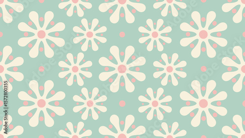 Floral pattern with white flowers and pink accents on a pale blue background forming a seamless repeat design