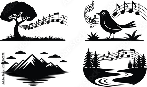 Nature s symphony four diverse scenes featuring music notes and natural elements
