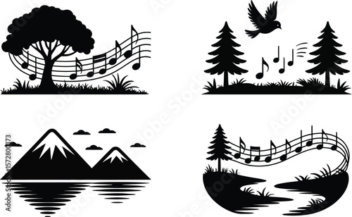 Nature s symphony four iconic scenes featuring music notes and natural elements