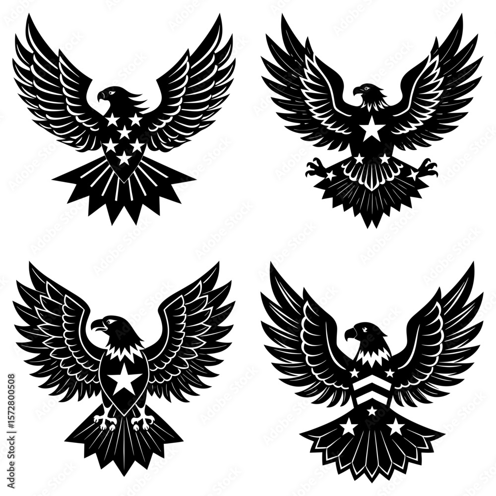 Fototapeta premium Four stylized black and white eagles with stars and spread wings on a white background image art