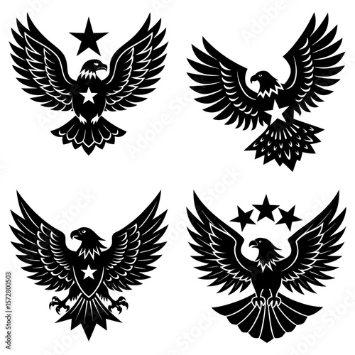 Collection of four black and white eagle emblems with stars and spread wings in various positions