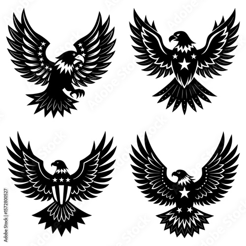 Four black and white eagle illustrations with wings spread and star and stripe details in various poses