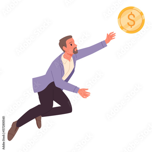 Businessman chasing money, success in finance and career, corporate competition. Young man in suit jumping high to reach flying gold dollar coin, catch profit or bonus cartoon vector illustration