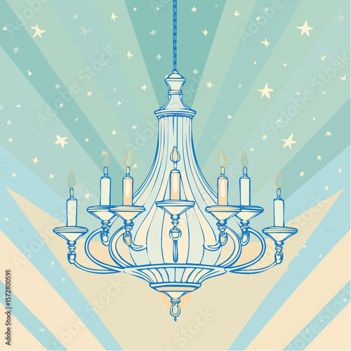 Hand drawn illustration of vintage chandelier. Coquette style line art crystal lamp. Sketch drawing of antique lighting equipment. Vector design