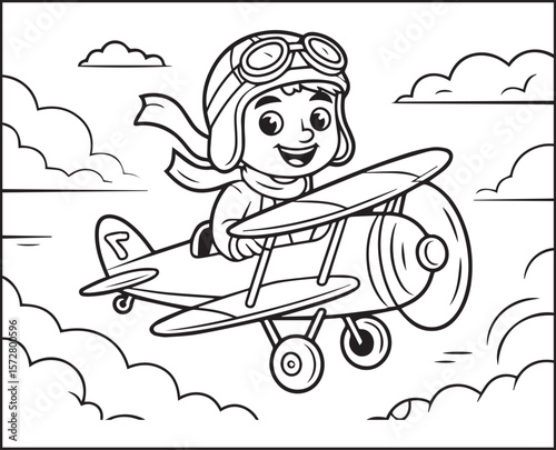Pilot boy flying with airplane in sky black line art vector illustration simple and easy coloring page for kids