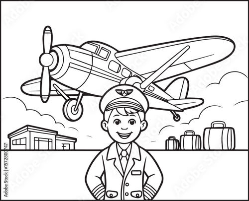 Pilot boy in front of airplane in airport background black line art vector illustration simple and easy coloring page for kids