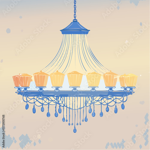 Hand drawn illustration of vintage chandelier. Coquette style line art crystal lamp. Sketch drawing of antique lighting equipment. Vector design