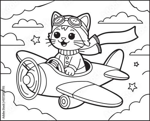 Pilot cat flying with airplane in sky black line art vector illustration simple and easy coloring page for kids