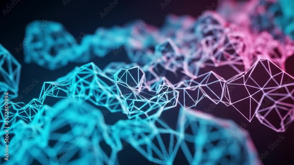 Abstract digital network polygon mesh with blue and pink light, technology background.