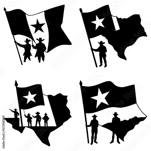Four texas flag silhouettes with cowboys holding flags on texas shaped backgrounds in black and white design