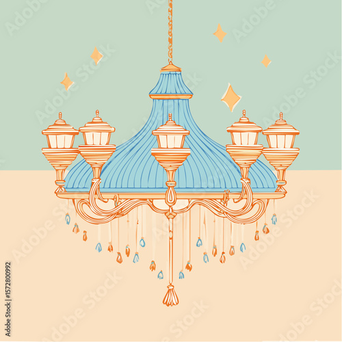 Hand drawn illustration of vintage chandelier. Coquette style line art crystal lamp. Sketch drawing of antique lighting equipment. Vector design