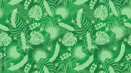 Abstract palm leaves pattern background. Vector green tropical jungle texture. Abstract palm leaf silhouettes summer print for exotic wallpapers, wrapping, backdrop, decoration.