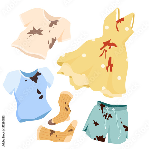Dirty clothes with stains set. Summer yellow polka dot dress and green shorts with mud and dirt, dirty socks and tee shirts, unclean men and women clothing collection cartoon vector illustration